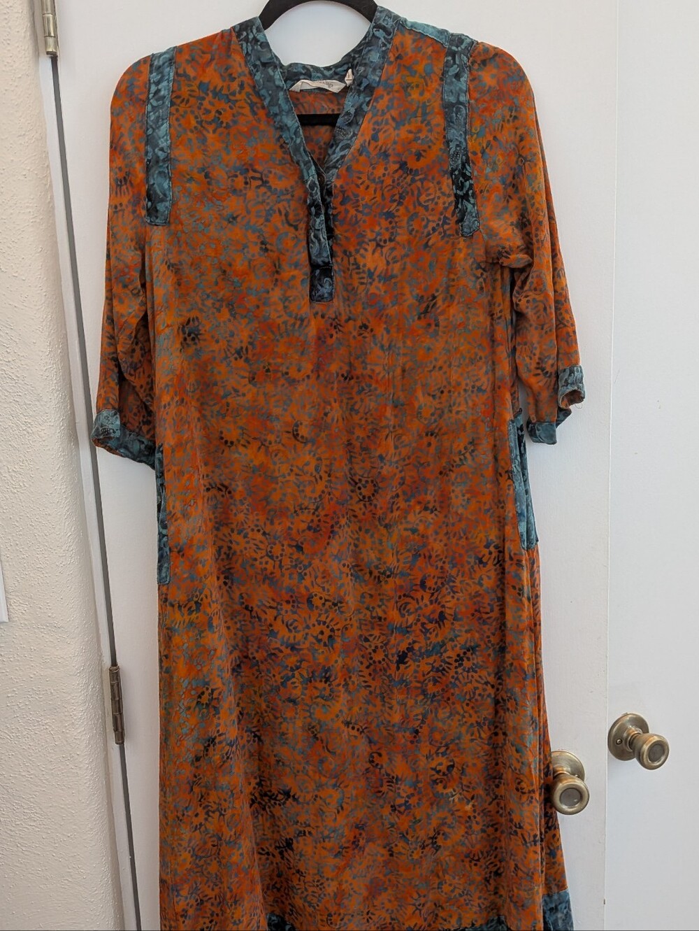 Boho Orange Teal Floral Maxi Dress Caftan Soft Surroundings 100% Rayon Batik PS